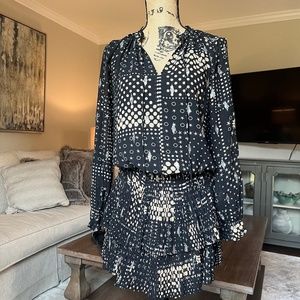 Black/Gold Metallic Current Air Long Sleeve Tiered Printed Ruffled Mini Dress